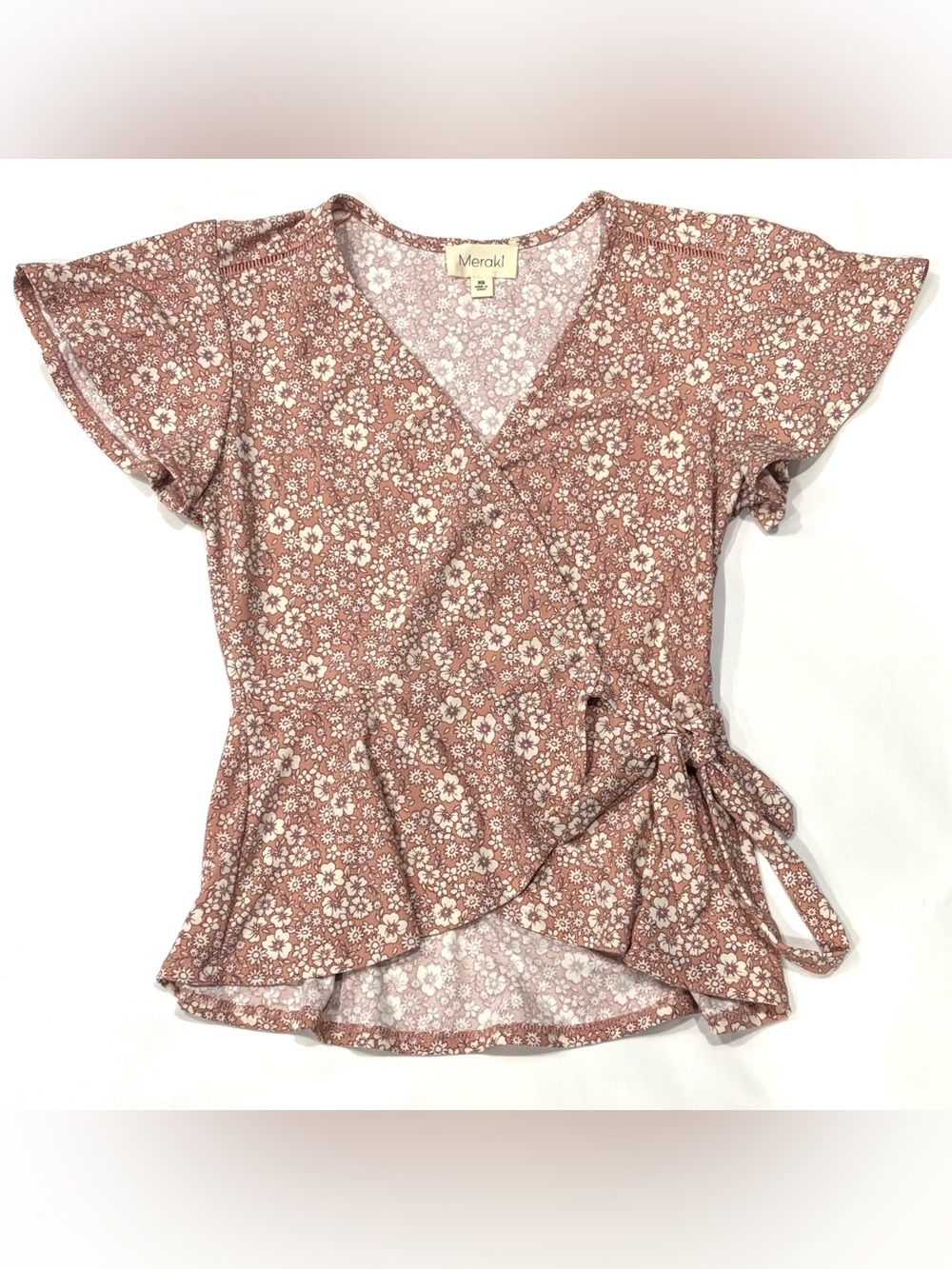 Meraki Ditsy Floral Faux Wrap Peplum Top Blouse Pink Cream Flutter Sleeve XS